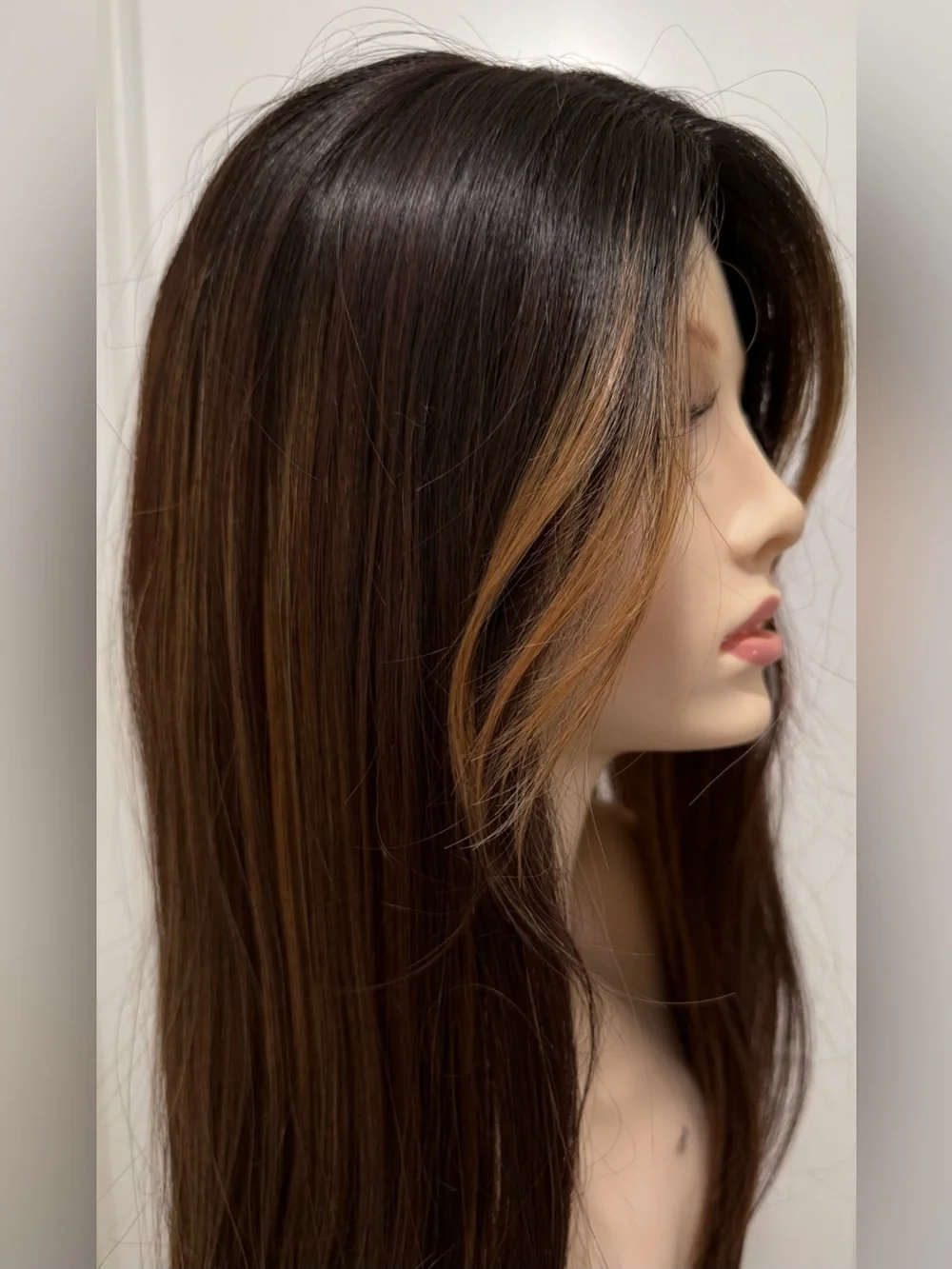 HAIR, 24” Straight Topper, Whispy bangs, Center Part, Brown Carmel Highlights